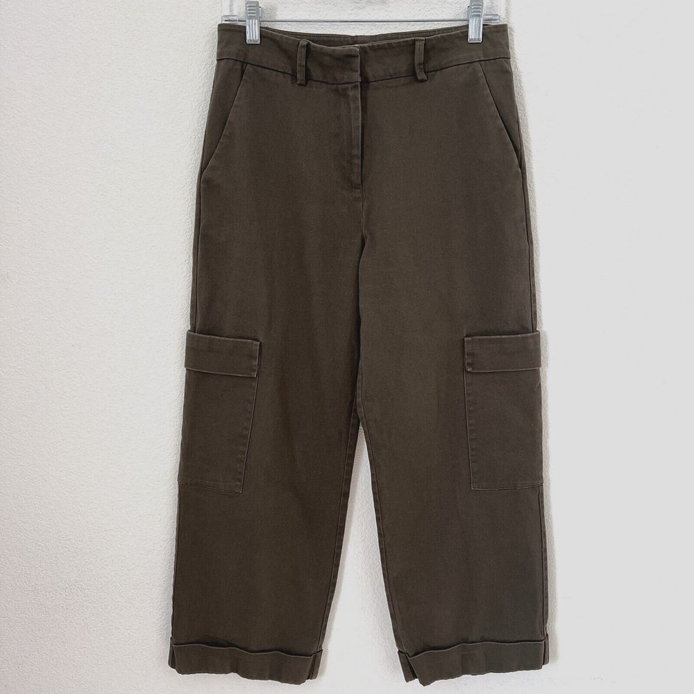 H&M Womens Wide Leg Cargo Pants Sz 8 Cuffed Hem Ankle Cropped Green Rave‎ Skater